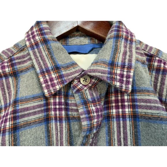 Boden Kids Plaid Flannel Button-Up Shirt 7-8Y Multicolor Gray Purple - Picture 2 of 10